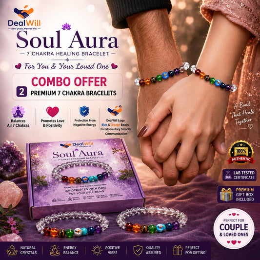 Soul Aura 7 Chakra Clear Quartz Healing Bracelet Combo Pack of 2 | Lab Tested Crystal Bracelets for Couples, Friends & Family