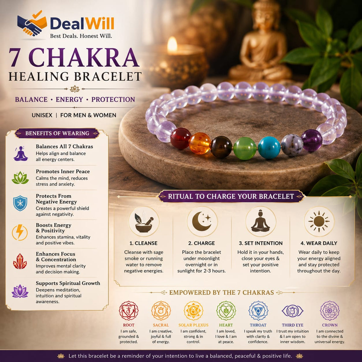 Soul Aura- 7 Chakra Clear Quartz Bracelet for Men