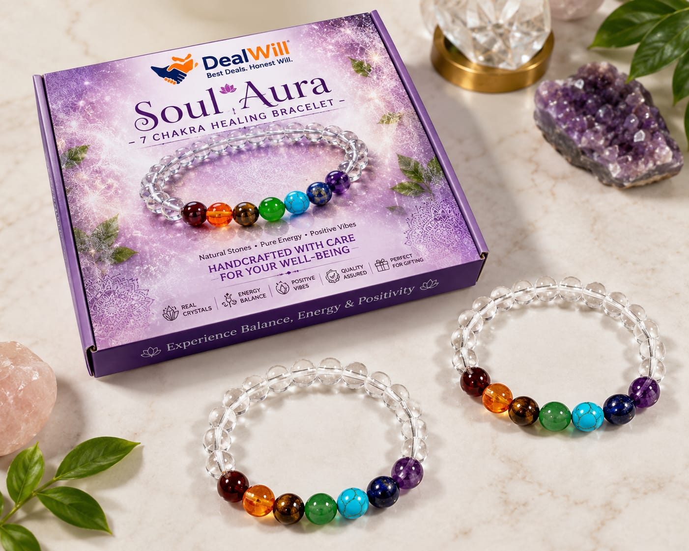 Soul Aura 7 Chakra Clear Quartz Healing Bracelet Combo Pack of 2 | Lab Tested Crystal Bracelets for Couples, Friends & Family