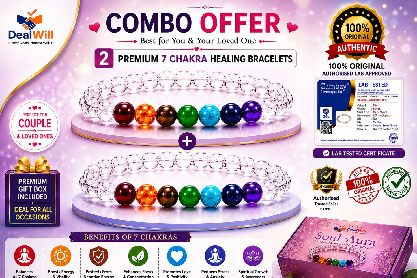 Soul Aura 7 Chakra Clear Quartz Healing Bracelet Combo Pack of 2 | Lab Tested Crystal Bracelets for Couples, Friends & Family