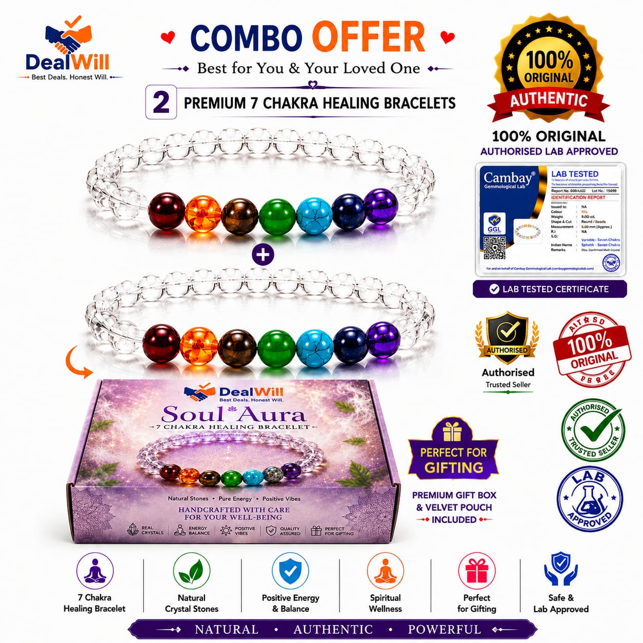 Soul Aura 7 Chakra Clear Quartz Healing Bracelet Combo Pack of 2 | Lab Tested Crystal Bracelets for Couples, Friends & Family