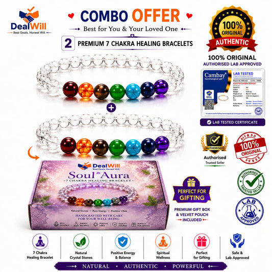 Soul Aura 7 Chakra Clear Quartz Healing Bracelet Combo Pack of 2 | Lab Tested Crystal Bracelets for Couples, Friends & Family