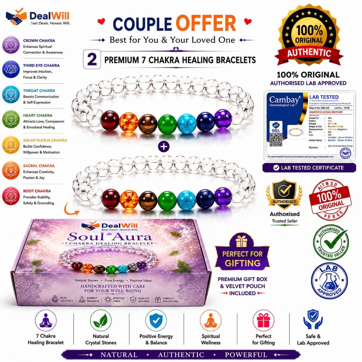 Soul Aura 7 Chakra Clear Quartz Healing Bracelet Combo Pack of 2 | Lab Tested Crystal Bracelets for Couples, Friends & Family