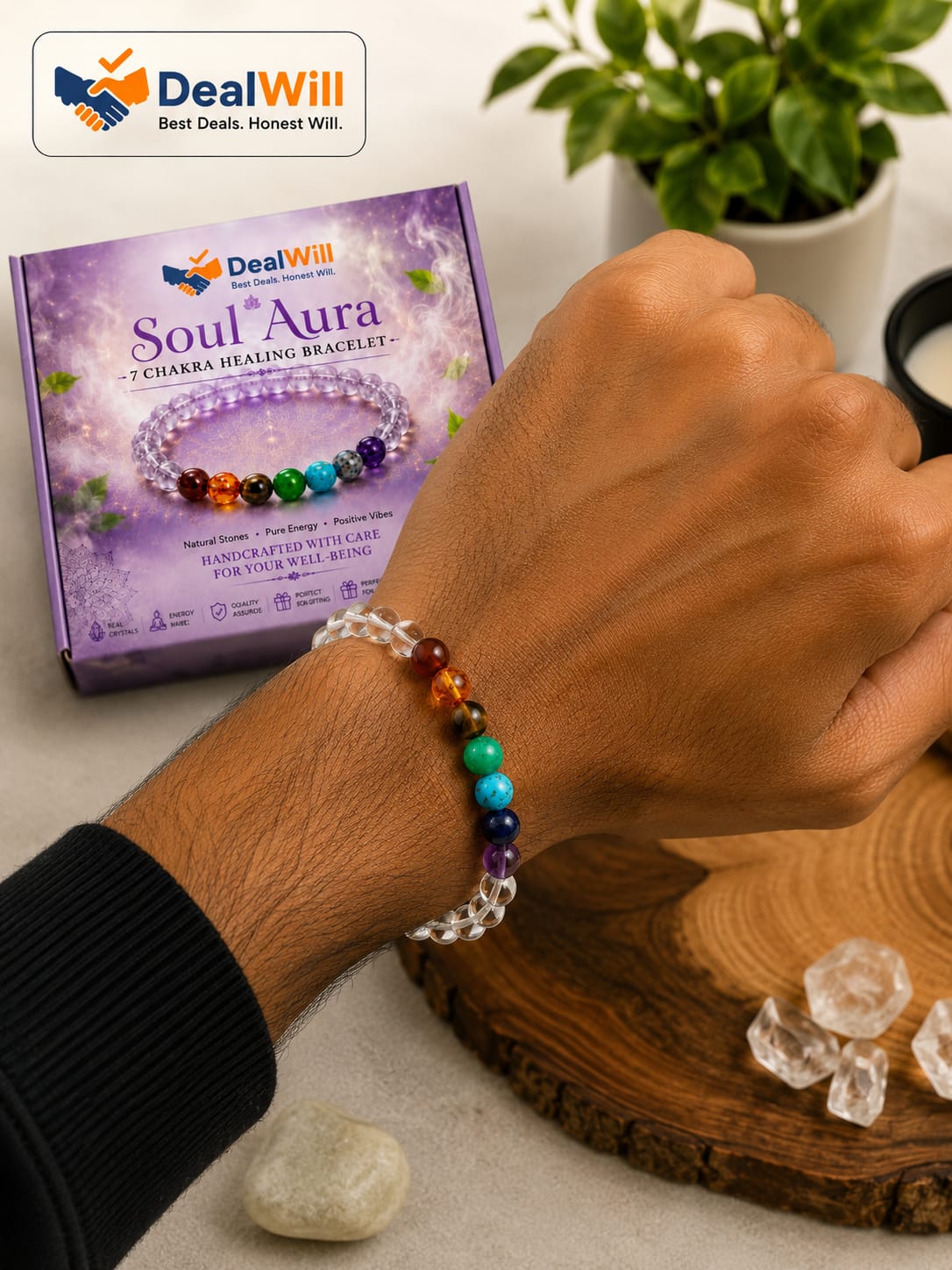 Soul Aura 7 Chakra Clear Quartz Healing Bracelet | Lab Tested Crystal Bracelet for Men & Women