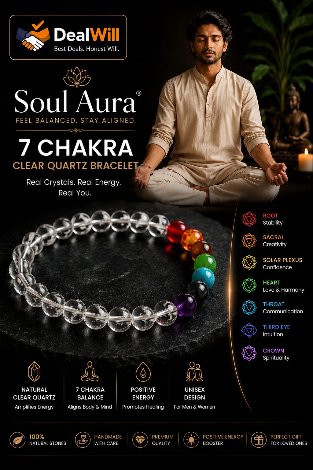Soul Aura 7 Chakra Clear Quartz Healing Bracelet | Lab Tested Crystal Bracelet for Men & Women