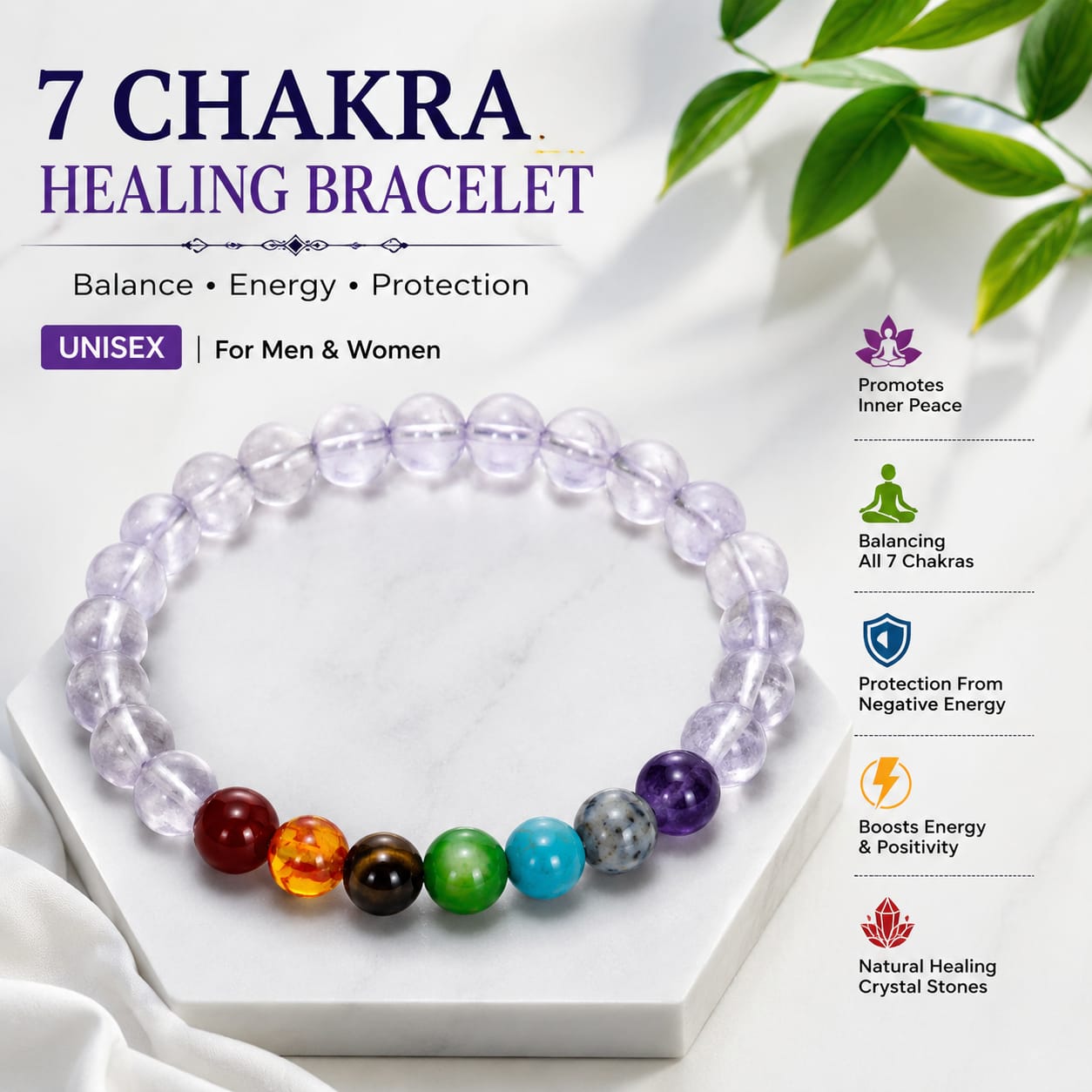 Soul Aura 7 Chakra Clear Quartz Healing Bracelet | Lab Tested Crystal Bracelet for Men & Women