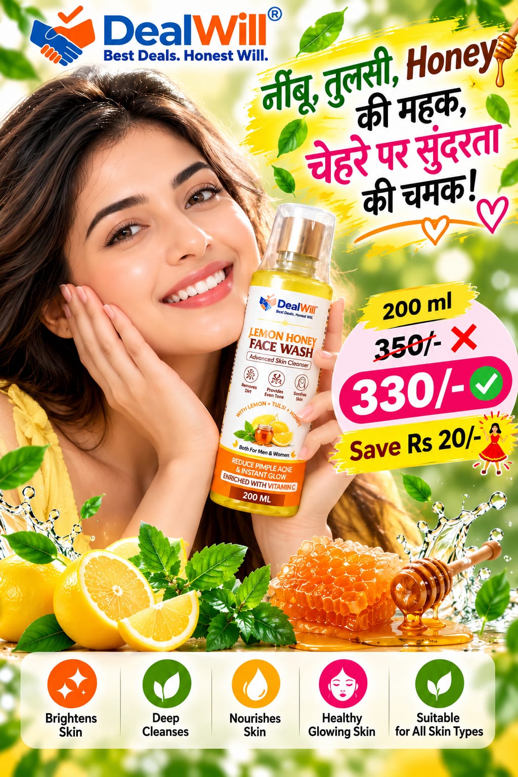 🍋 LEMON HONEY FACE WASH – Advanced Skin Cleanser